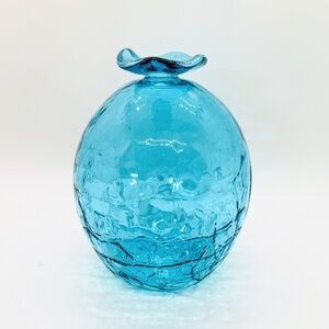 Vintage Blown Art Crackle Glass Style Blue Bud Vase Weed Pot by White Elk 1997